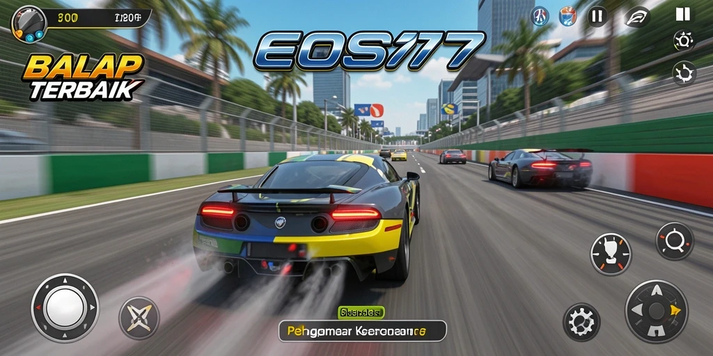 Screenshot menunjukkan gameplay balap seru di EOS77.