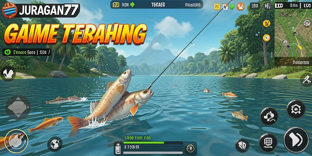 Screenshot gameplay <strong>JURAGAN77</strong> menunjukkan momen menangkap ikan besar di laut.