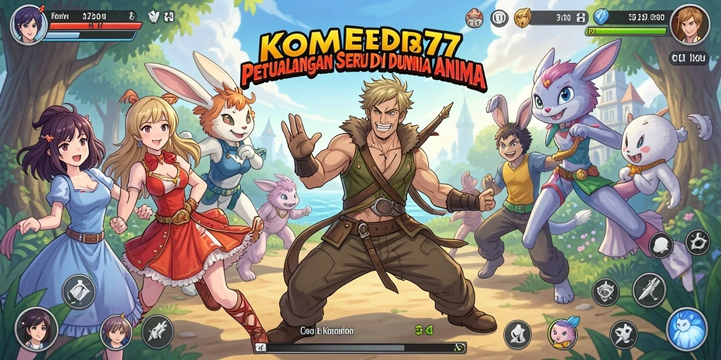 Tampilan gameplay KOMEDI77 yang penuh warna dan karakter unik.