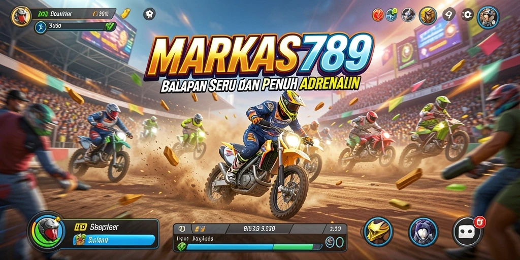 Tangkapan layar permainan <strong>MARKAS789</strong> menunjukkan aksi balapan yang mendebarkan.