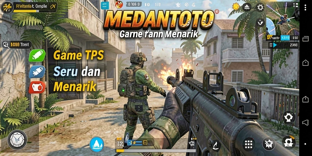 Screenshot utama MEDANTOTO menampilkan aksi pertempuran seru dalam mode TPS.