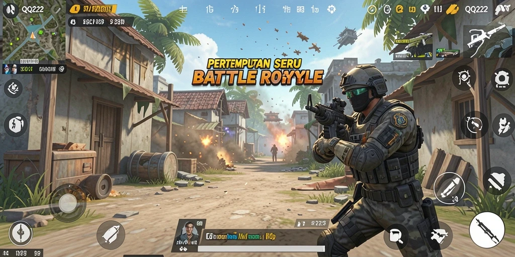 Gameplay seru Battle Royale di QQ222 dengan pertempuran intens.