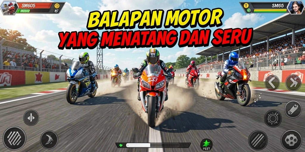 Tangkapan layar gameplay SM605 yang memukau dengan aksi balap motor.