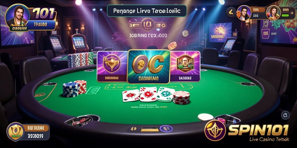 Screenshot gameplay SPIN101 menunjukkan dealer langsung dalam suasana kasino yang nyata.