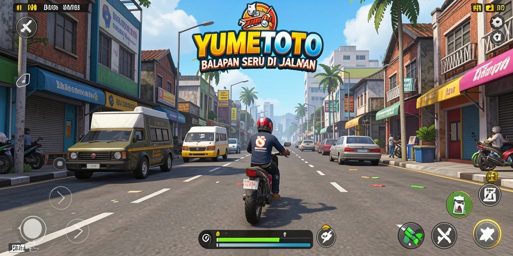Screenshot gameplay YUMETOTO yang menampilkan aksi balapan mendebarkan.